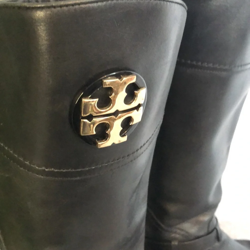 TORY BURCH Adeline size 5.5 black leather riding boots large gold Miller logo